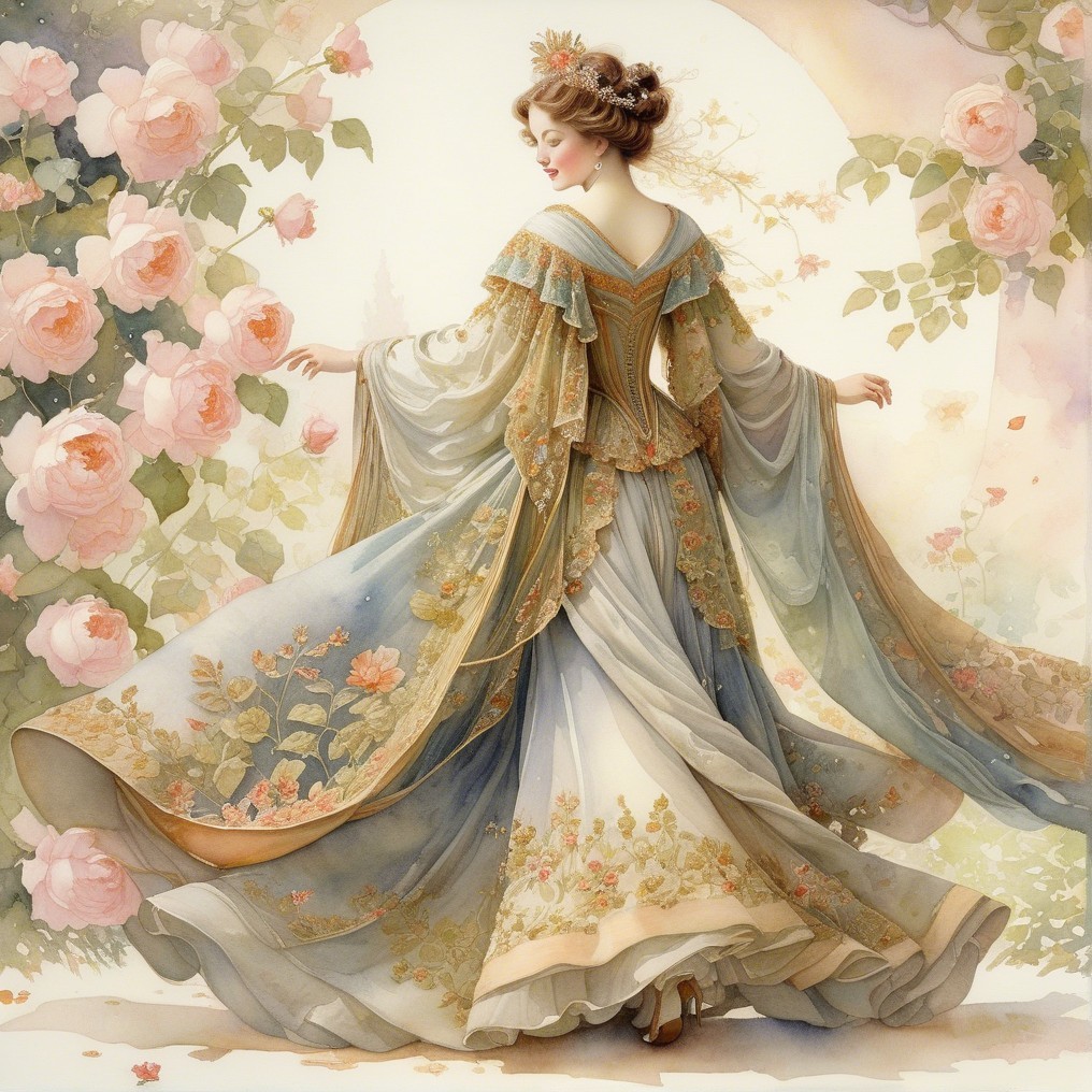 Graceful woman in ornate floral gown among roses