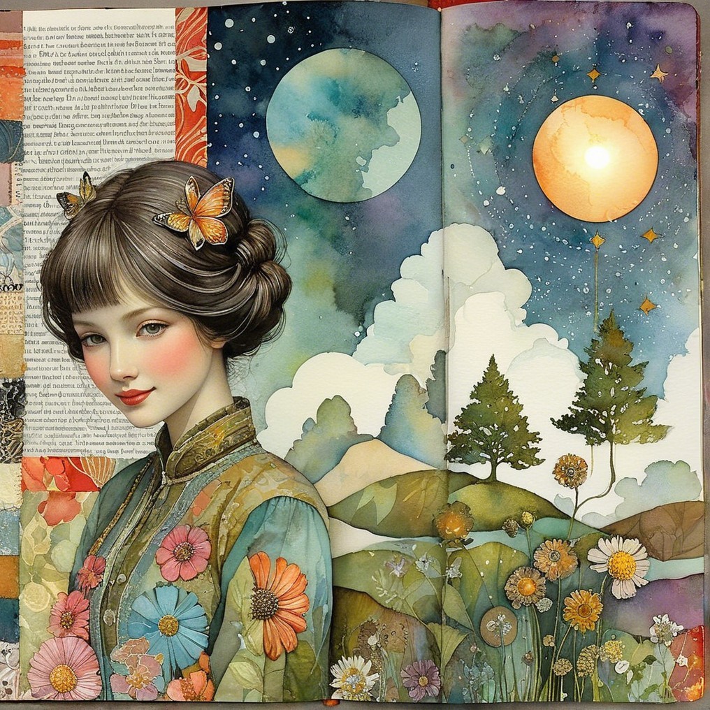 Serene Young Woman in Colorful Outfit with Dreamy Landscape