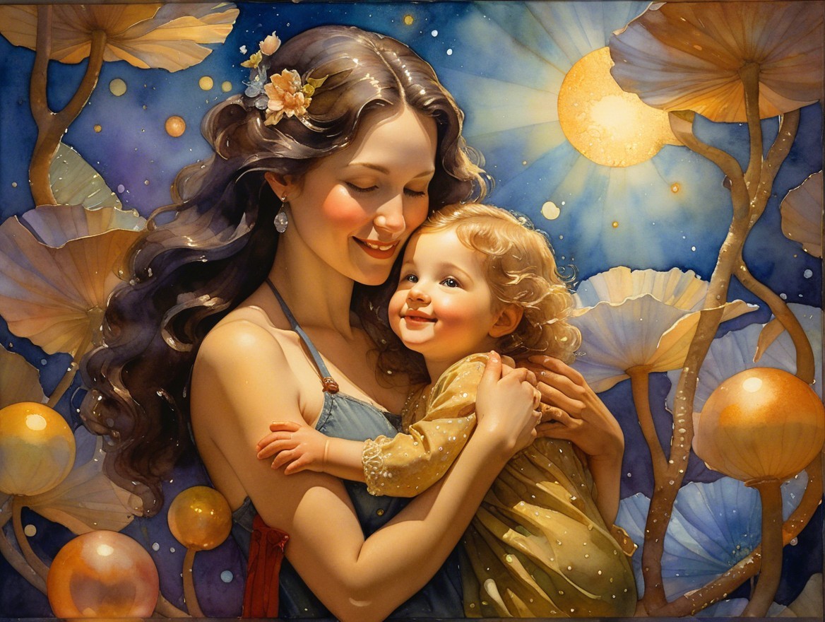 Mother and Child Embrace in Whimsical Setting