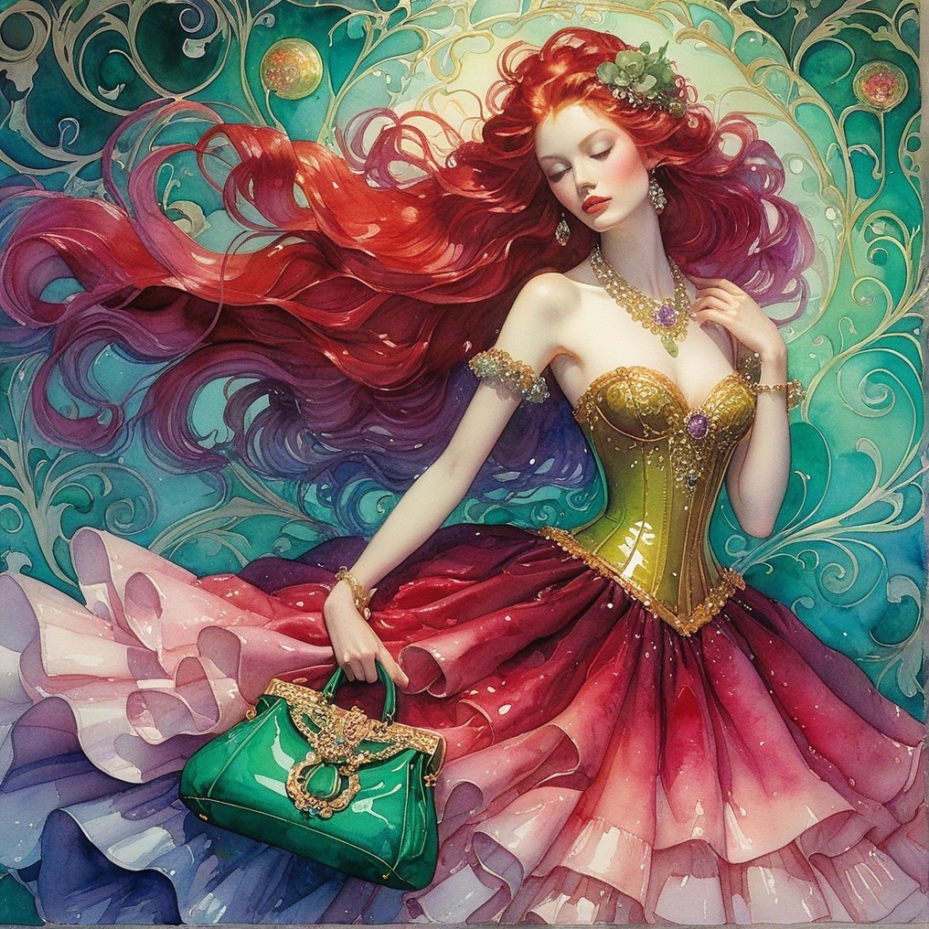 Fantasy Scene of a Woman in Elegant Gown and Accessories