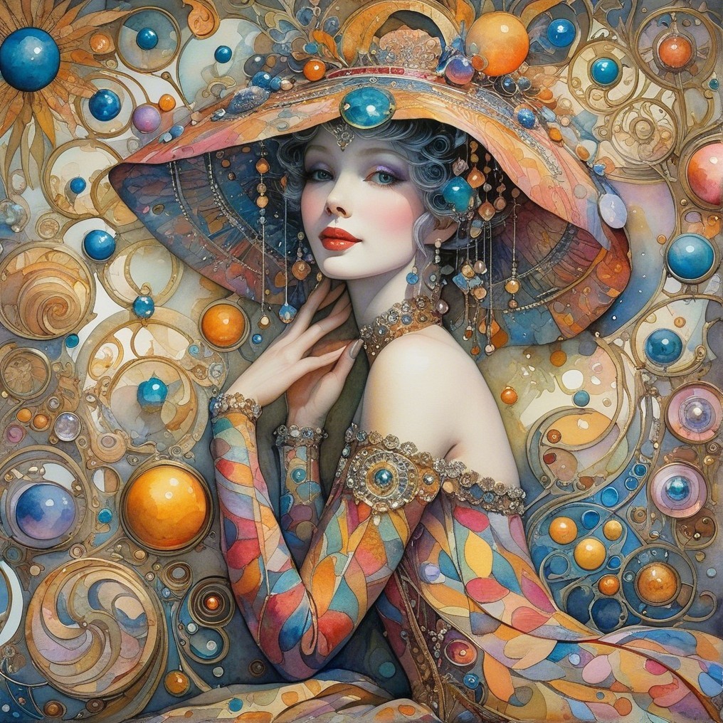 Elegant Woman in Vibrant Gown and Wide-Brimmed Hat