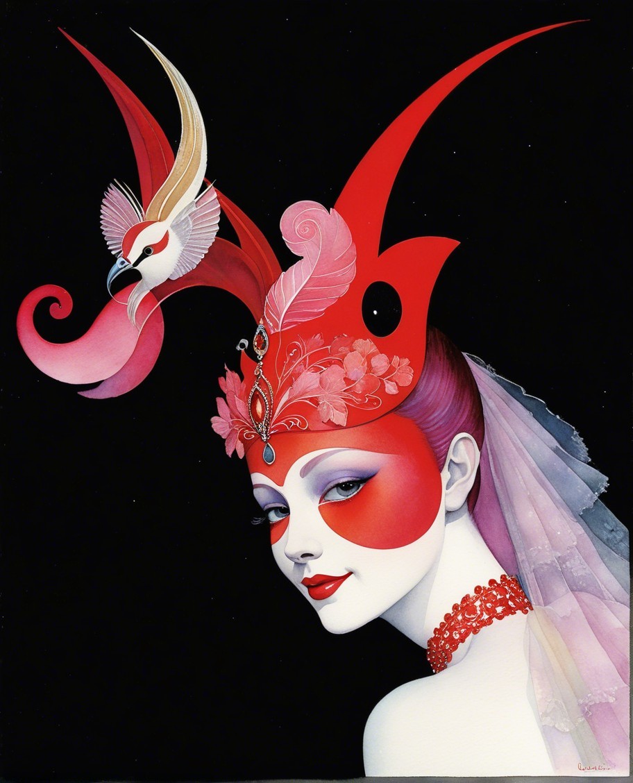 Female Portrait with Bold Makeup and Elaborate Headdress