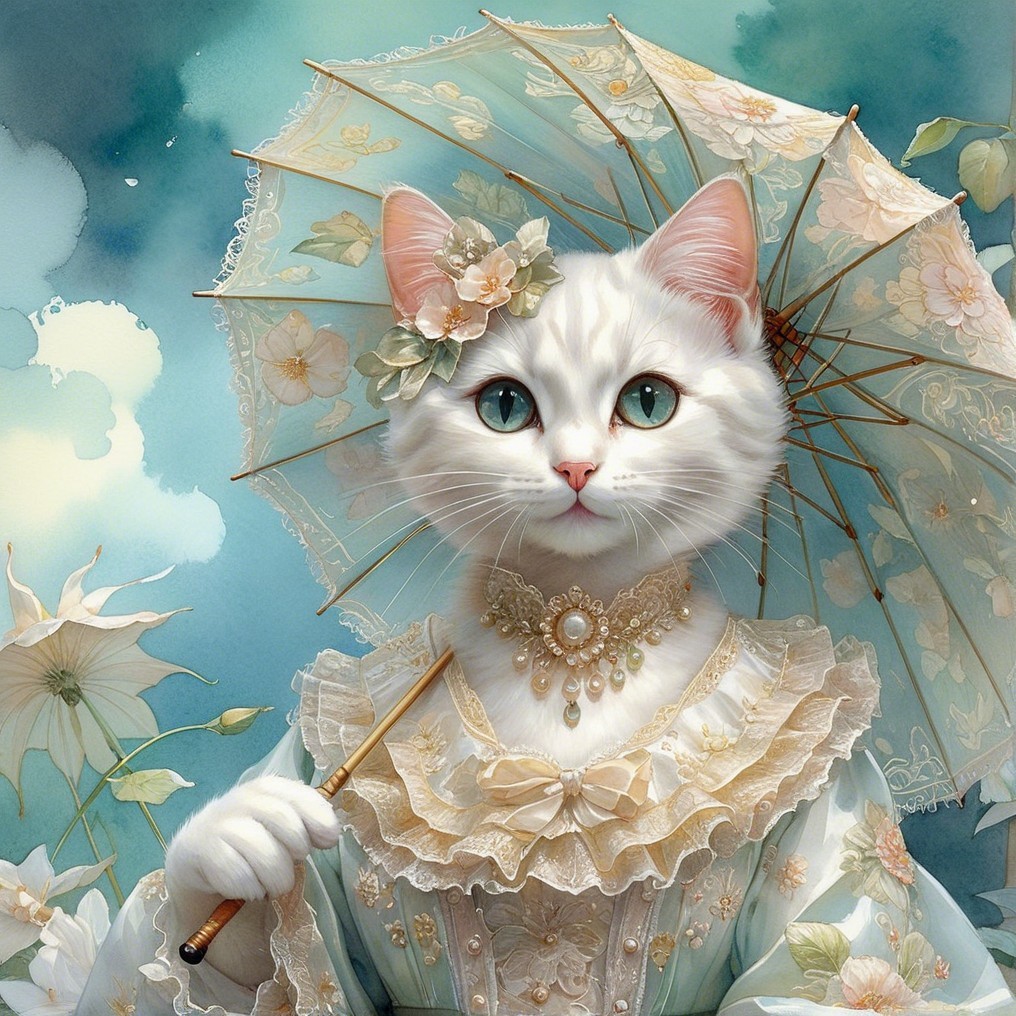 Victorian Cat in Elegant Attire with Parasol