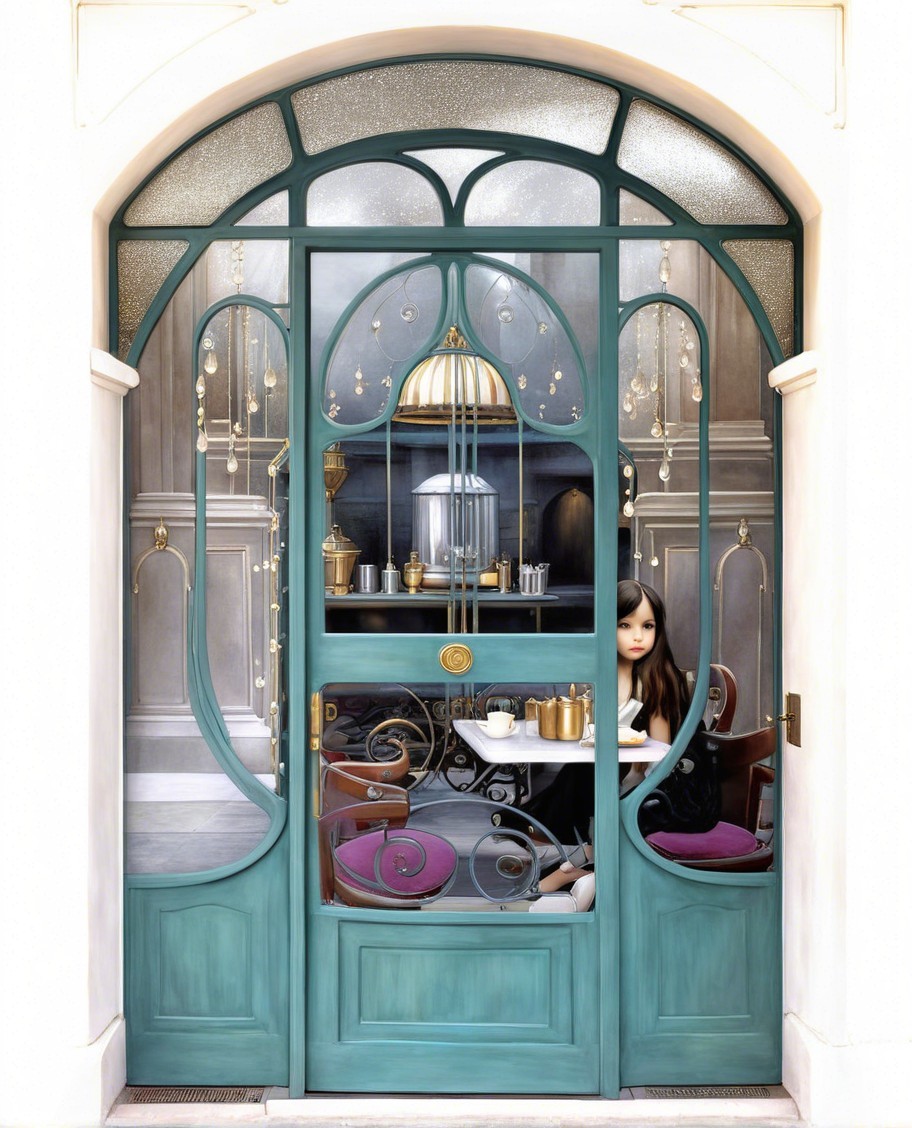 Teal Double Door Opening to Cozy Café Interior