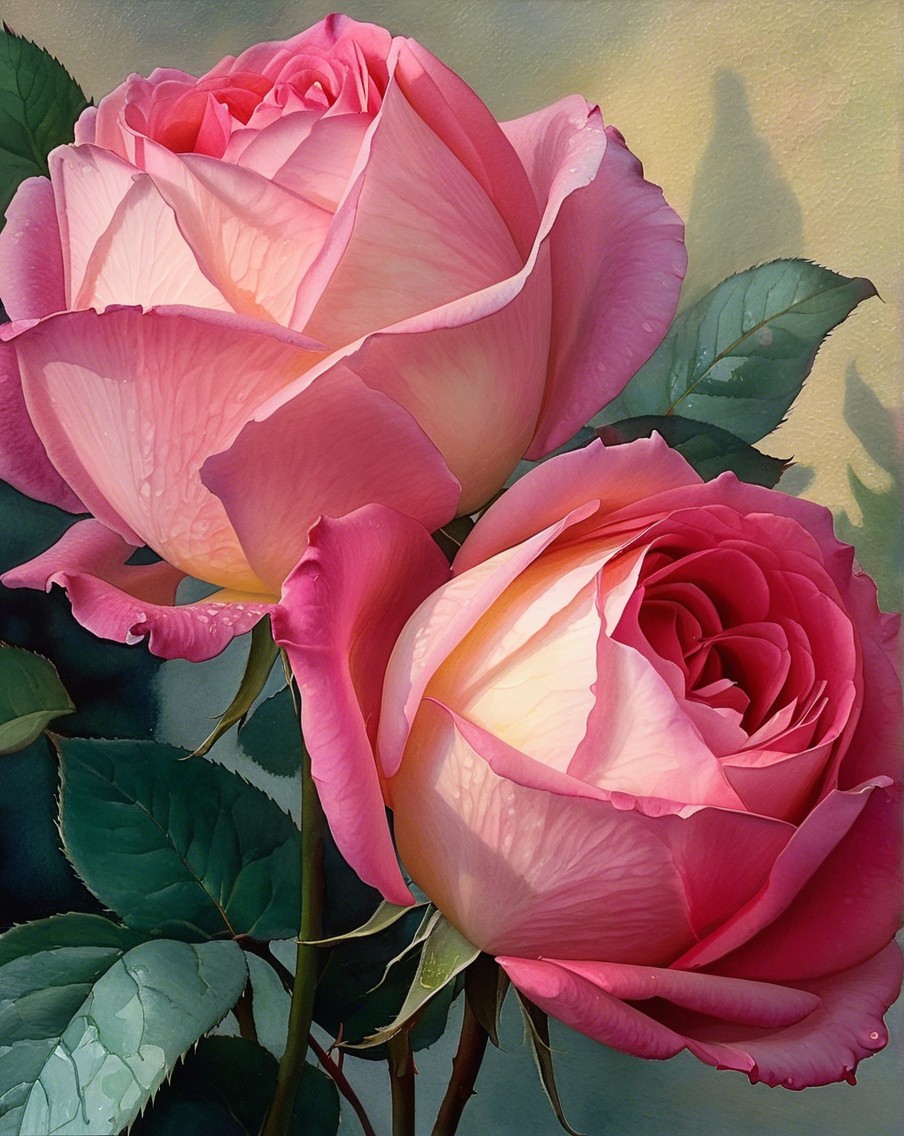 Lush Pink Roses with Green Leaves on Muted Background