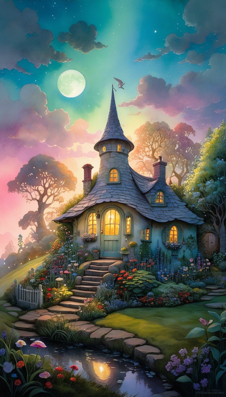 Whimsical Cottage with Spire in Colorful Gardens