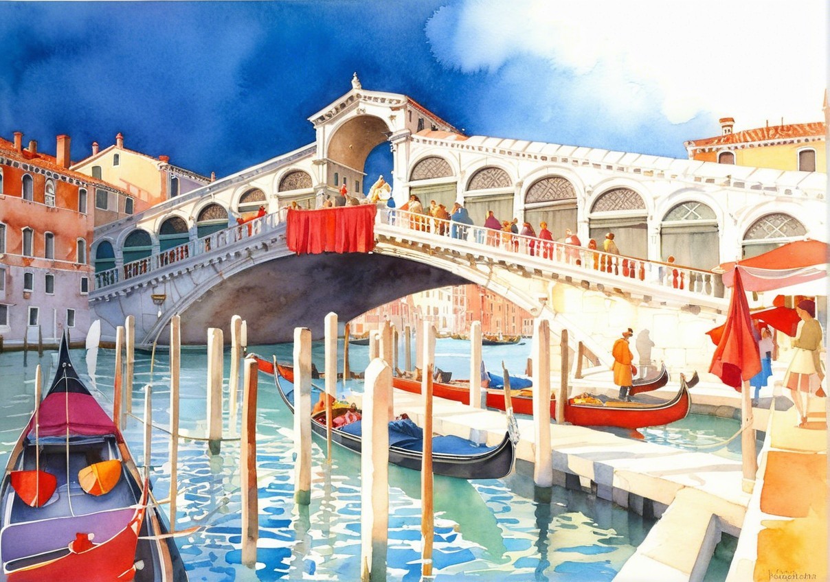 Vibrant Watercolor of Rialto Bridge in Venice