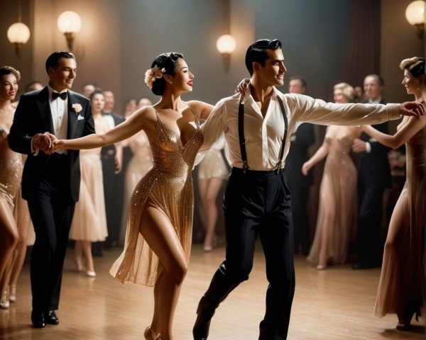 Vintage Dance Scene with Glamorous Couple and Crowd