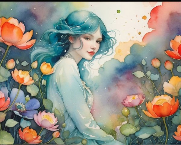 Serene Portrait of Woman with Blue Hair and Flowers