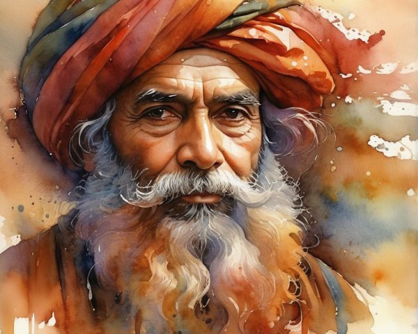 Weathered Man with Multicolored Turban and Beard