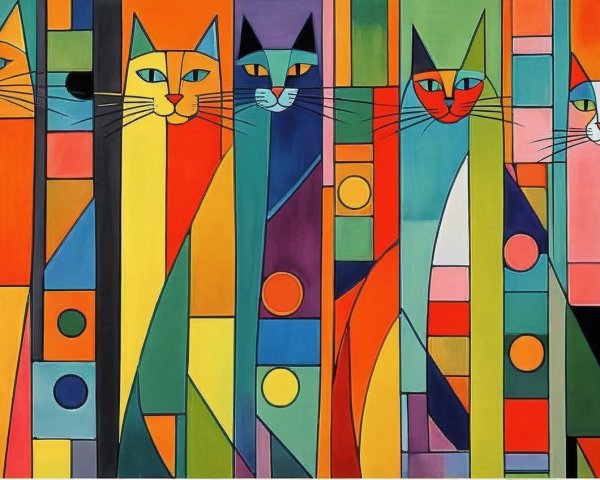 Abstract Painting of Colorful Cats with Geometric Shapes