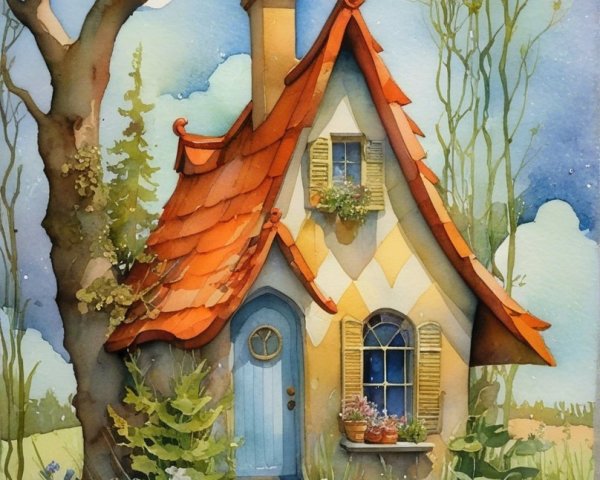 Watercolor Cottage Surrounded by Lush Greenery and Moons