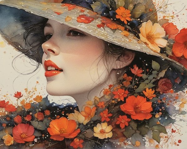 Elegant Woman with Floral Hat and Colorful Blossoms