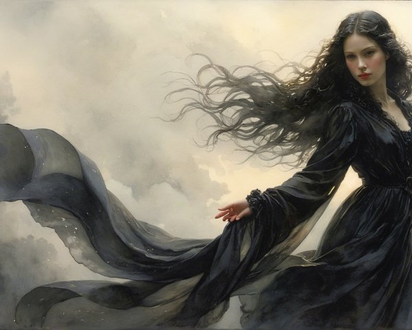 Mysterious Woman in Black Gown Against Cloudy Background