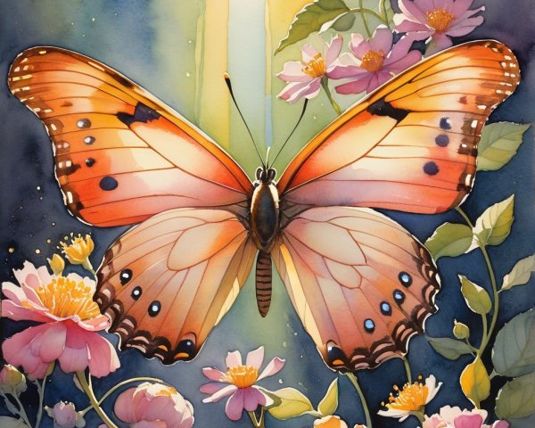 Vibrant Butterfly Surrounded by Colorful Flowers