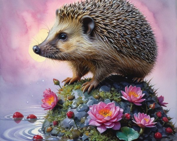 Hedgehog on Mossy Rock Among Water Lilies at Sunset