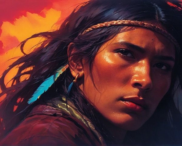 Close-up of a Native American woman with blue feather earring