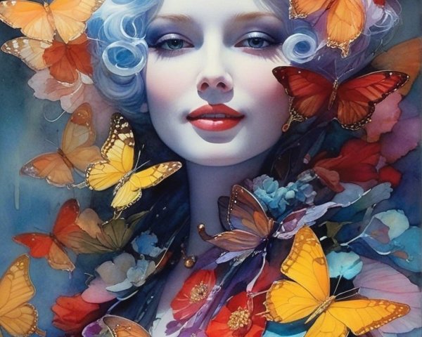 Portrait of a Woman with Butterflies and Flowers