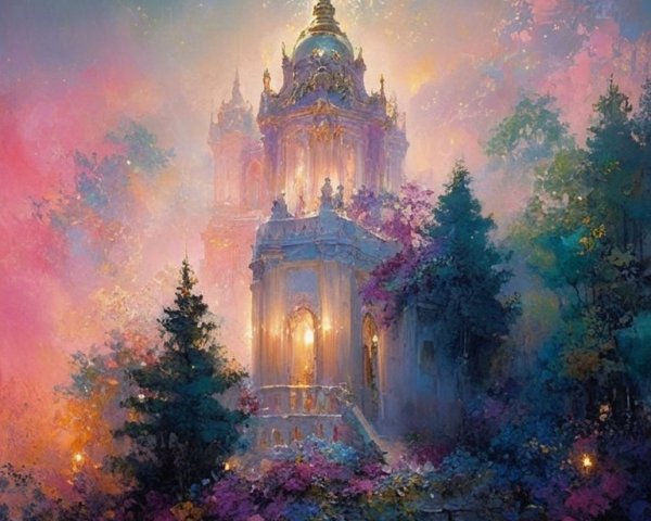 Majestic Temple Surrounded by Vibrant Nature and Moonlight