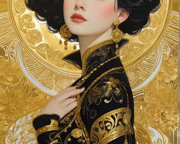 Portrait of a woman with black hair and floral adornments