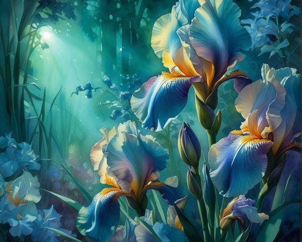 Vibrant Irises in Ethereal Light and Greenery