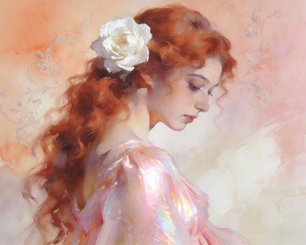 Detailed Watercolor of Young Woman in Iridescent Gown