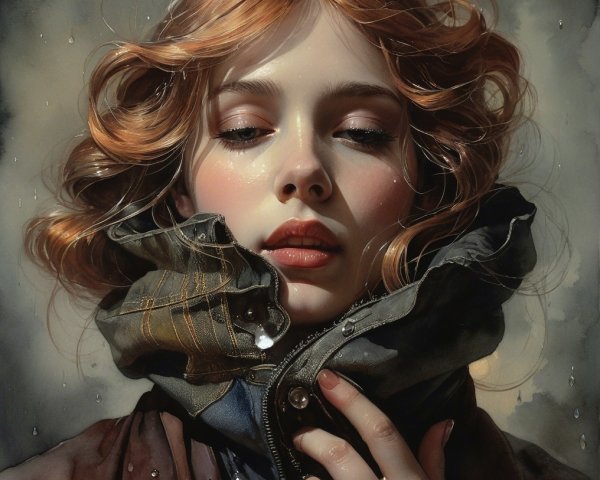 Young woman with red hair in a rainy setting