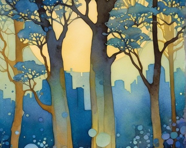 Watercolor Scene of Trees and City Skyline Silhouette