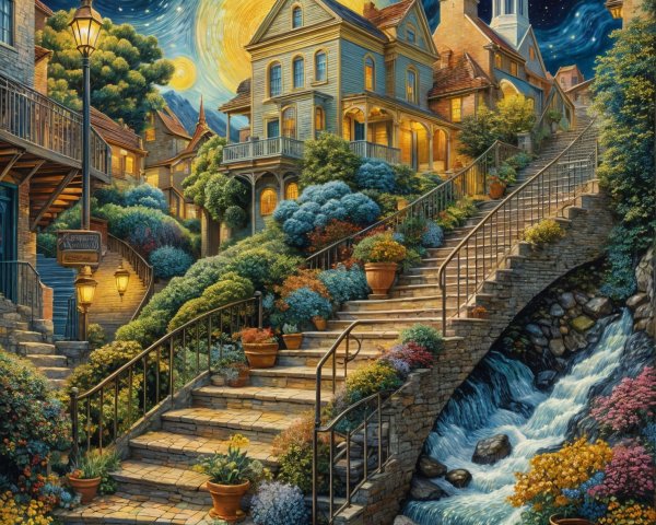 Illuminated Night Scene with House and Gardens