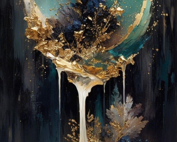 Surreal Composition with Teal and Gold Elements