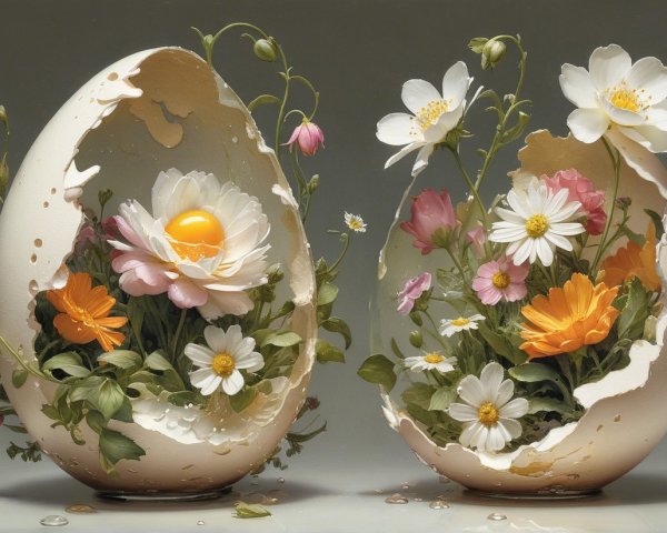 Whimsical Composition of Cracked Eggshells and Flowers