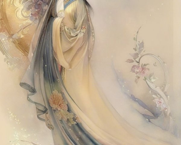 Elegant gown with floral patterns in soft pastels