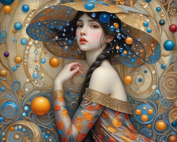 Young Woman in Autumn Dress with Whimsical Background