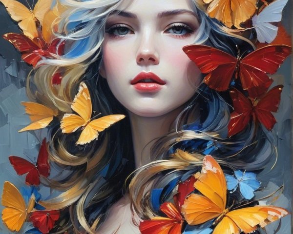 Portrait of a Young Woman with Butterflies in Hair