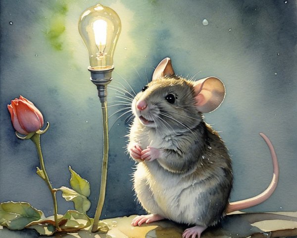 Watercolor Illustration of Mouse and Light Bulb Scene