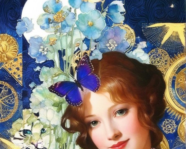Woman with Red Hair Surrounded by Flowers and Butterflies