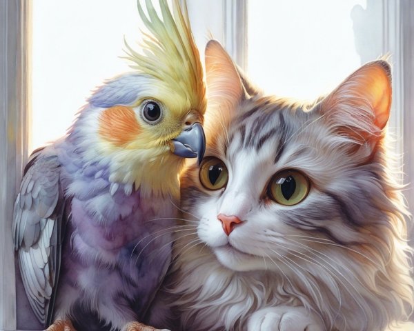 Fluffy Cat and Colorful Cockatiel by Sunlit Window