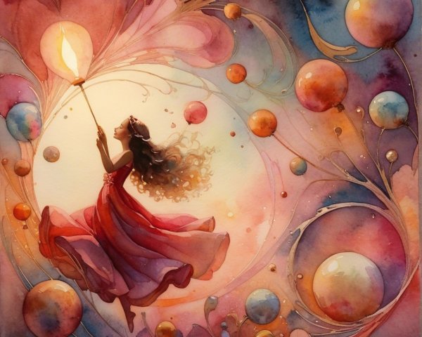 Whimsical Watercolor of Girl in Red Dress with Lantern