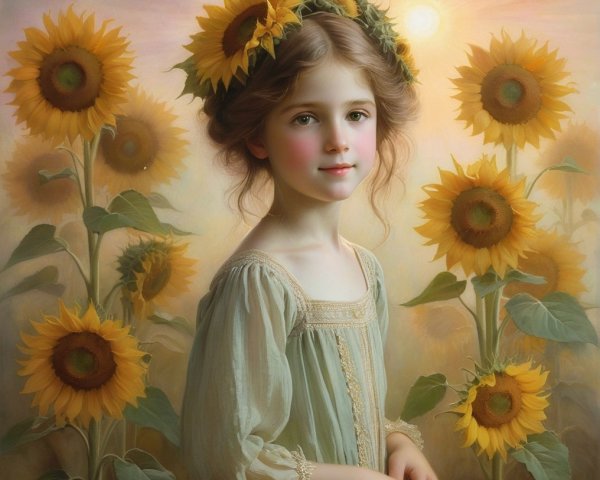 Young girl in sunflowers with floral crown and gown