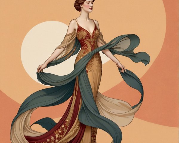 Elegant woman in gown with intricate patterns and colors