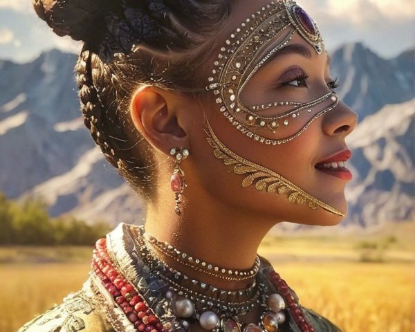Woman in Traditional Attire Against Mountainous Landscape