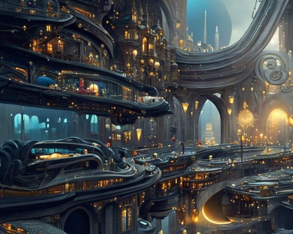 Futuristic cityscape with multi-layered architecture