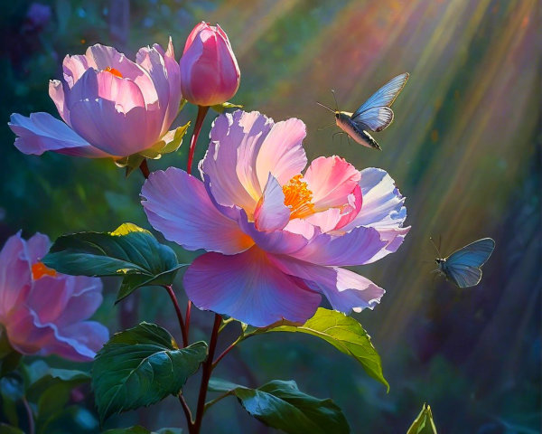 Serene garden scene with peonies and butterflies