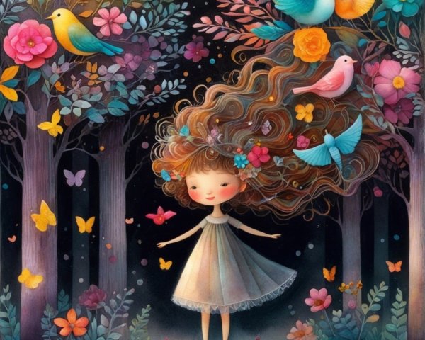 Whimsical Scene of a Girl in a Flowered Forest