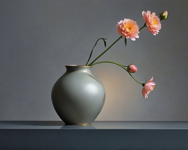 Still Life Painting of Green Vase with Pink Flowers