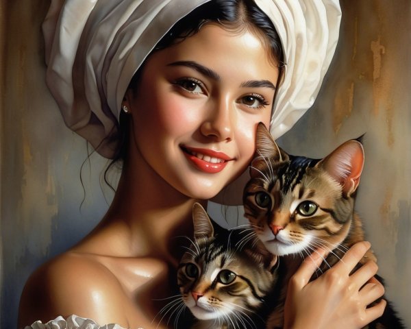 Young woman with tabby cats in serene setting