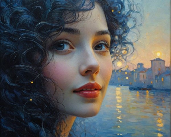 Portrait of a Young Woman with Curly Hair at Sunset