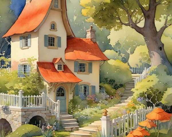 Whimsical cottage with red roof in vibrant greenery