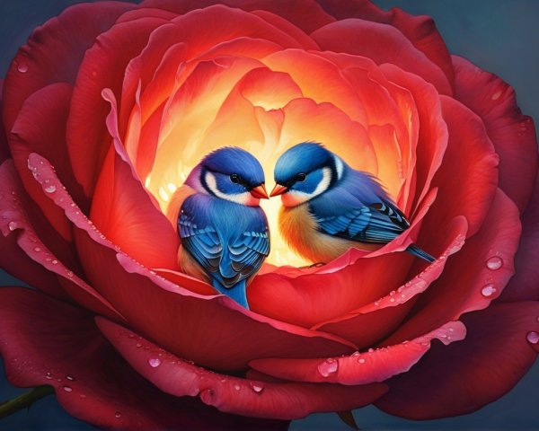Bluebirds on Rose Petals with Water Drops