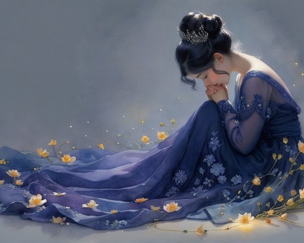 Young Woman in Blue Gown Surrounded by Flowers